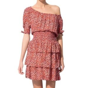 Maje size 1/small orange white print mini dress smocked waist tiered ruffled